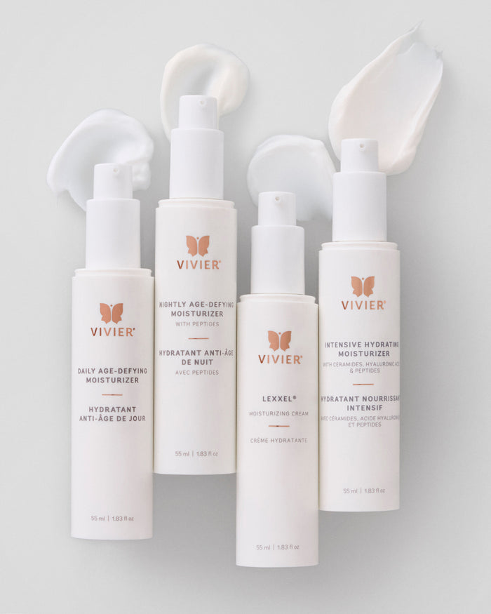 Collection of Vivier moisturizing skincare products with visible cream textures displayed above each bottle.