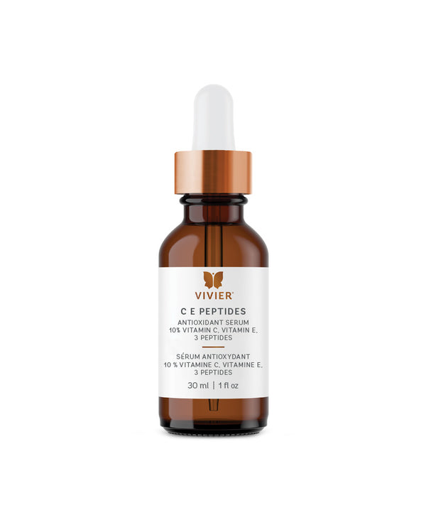 A small amber glass dropper bottle of Vivier CE Peptides Antioxidant Serum. The label specifies "10% Vitamin C, Vitamin E, 3 Peptides" and "30 ml | 1 fl oz," topped with a white dropper and copper band.